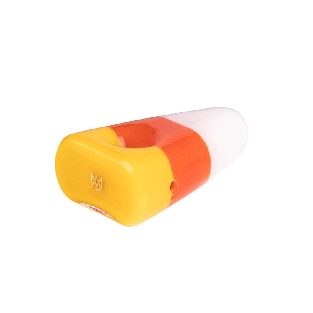MJ Arsenal Candy Corn Pipe in vibrant orange, yellow, and white borosilicate glass design for Halloween.