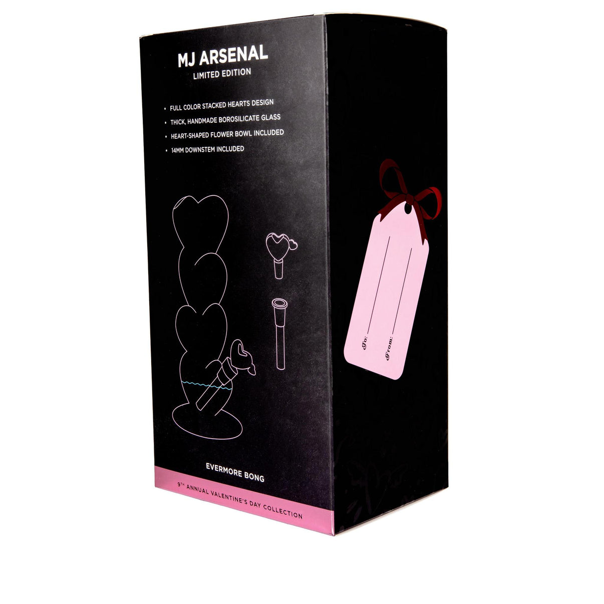 MJ Arsenal Flower Straight Tube - Evermore packaging featuring full-color stacked hearts design and heart-shaped bowl.