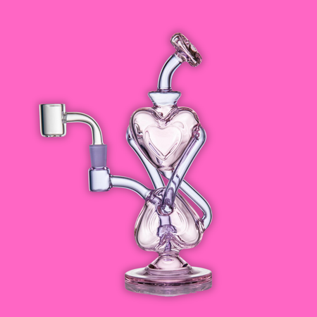 MJ Arsenal Rig - Heart To Heart Mini Rig with stacked heart recycler and vibrant colors on a pink background.