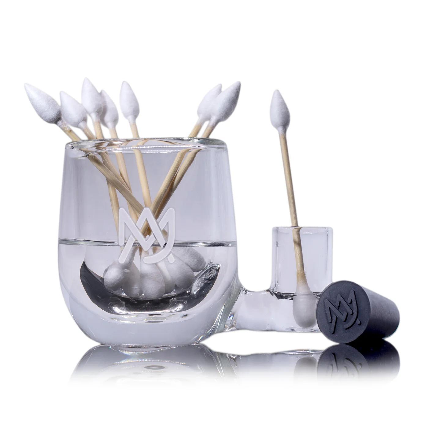 MJ Arsenal ISO Station with cotton swabs, crafted from borosilicate glass for optimal cleaning and storage.