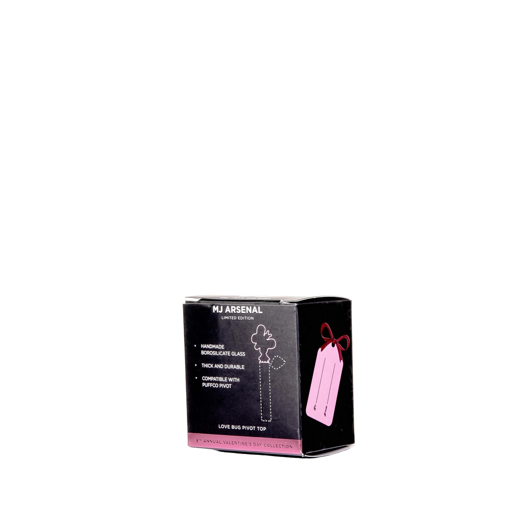 MJ Arsenal Pivot Glass Top - Love bug packaging showcasing the 9th Annual Valentine's Day Collection.