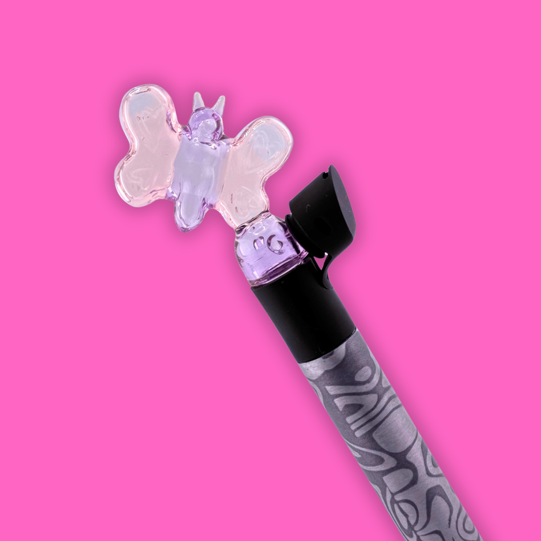 MJ Arsenal Pivot Glass Top - Love bug featuring a colorful butterfly design on a gray pen.