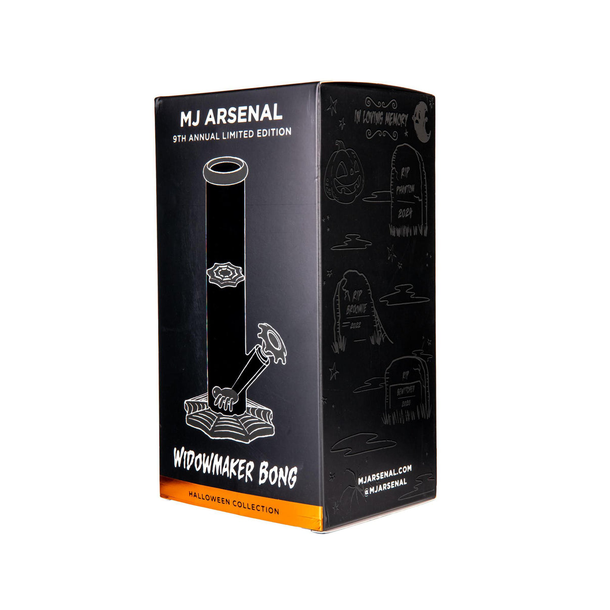 MJ Arsenal Widowmaker 14mm 45° bong packaging with Halloween-themed designs and limited edition label.