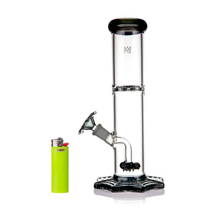 MJ Arsenal Widowmaker 14mm 45° bong next to a lighter, showcasing its spiderweb design and percolator.