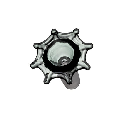 MJ Arsenal Widowmaker 14mm 45° spiderweb bowl featuring black and clear glass design.