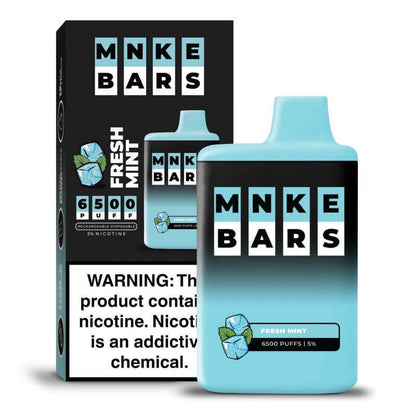 MNKE Bars 6500 Disposable Vape in Fresh Mint flavor with warning label and packaging.