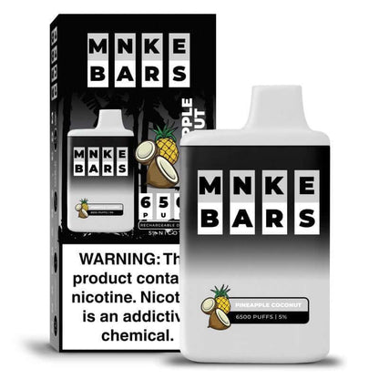 MNKE Bars 6500 Disposable Vape in Pineapple Coconut flavor with box, featuring bold branding and warning label.