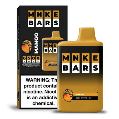 MNKE Bars 6500 Disposable Vape in Mango flavor with nicotine warning label.