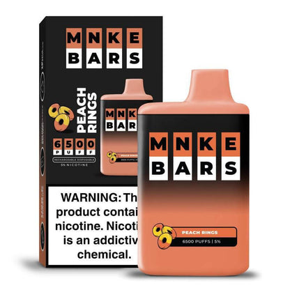 MNKE Bars Peach Rings Disposable Vape, 6500 puffs, 5% nicotine, featuring vibrant packaging and flavor.