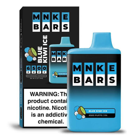 MNKE Bars Blue Kiwi Ice Disposable Vape with 6500 puffs and 5% nicotine strength packaging.