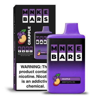 MNKE Bars Grapple Disposable Vape with 6500 puffs and 5% nicotine strength, featuring a vibrant packaging design.
