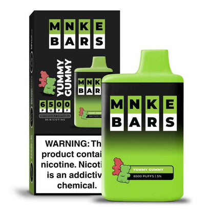 MNKE Bars 6500 Disposable Vape in Yummy Gummy flavor, featuring 5% nicotine strength and 6500 puffs.