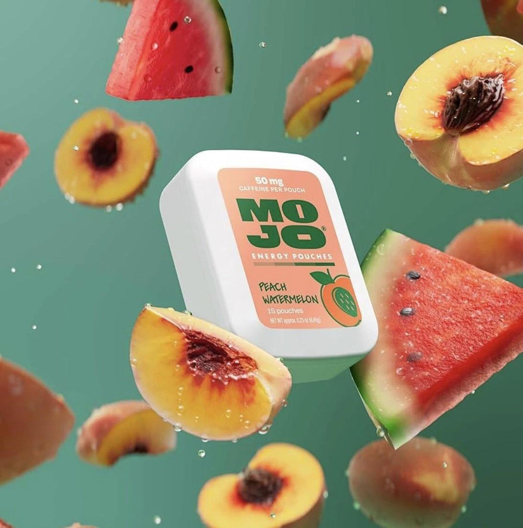 Coming Soon Mojo Energy Pouches 50mg Caffeine Pouches 15pcs with Peach Watermelon flavor and floating fruits.