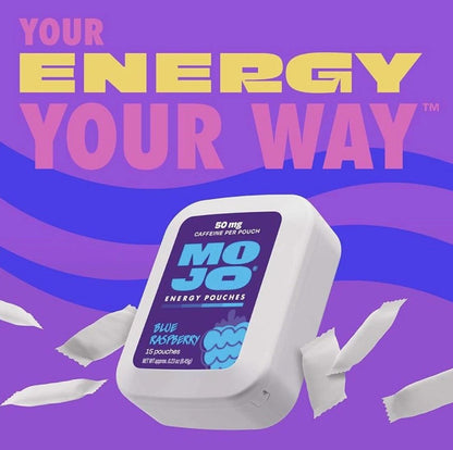 Coming Soon Mojo Energy Pouches 50mg Caffeine Pouches 15pcs packaging with blue raspberry flavor.