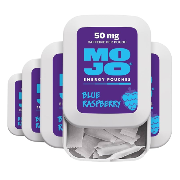 Coming Soon Mojo Energy Pouches 50mg Caffeine Pouches 15pcs - Blue Raspberry flavor with energy pouches stacked.