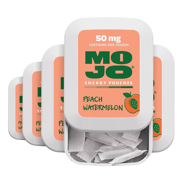 Coming Soon Mojo Energy Pouches 50mg Caffeine Pouches 15pcs in Peach Watermelon flavor.