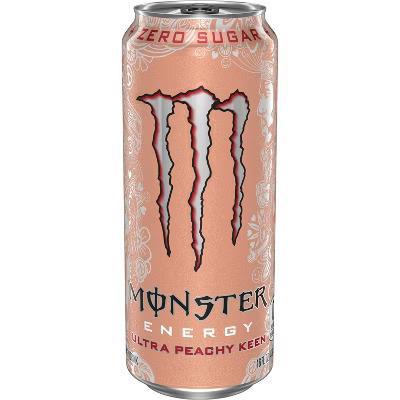 Monster Energy Ultra Peachy Keen zero sugar energy drink can with retro peach design.