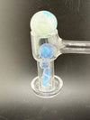 Handcrafted Mop Head Glass Slurper with quartz terp pearls, featuring vibrant blue and white colors, ideal for dabbing.