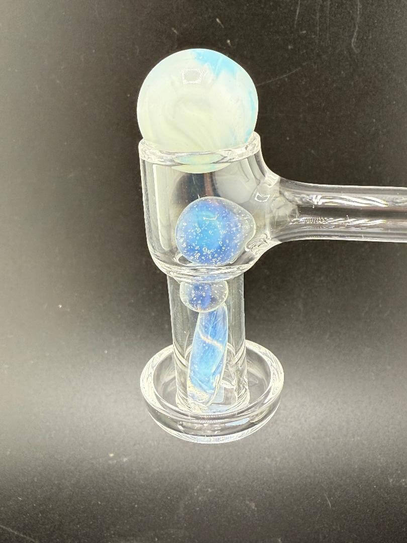 Handcrafted Mop Head Glass Slurper with quartz terp pearls, featuring vibrant blue and white colors, ideal for dabbing.
