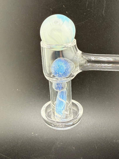 Handcrafted Mop Head Glass Slurper with quartz terp pearls, featuring vibrant blue and white colors, ideal for dabbing.