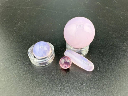 Mop Head Glass Slurper Quartz Terp Pearl Set featuring colorful artisan glass pieces on a dark background.