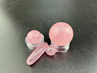 Mop Head Glass Slurper Quartz Terp Pearl Set in pink, handcrafted for smooth dabbing, featuring multiple unique pieces.