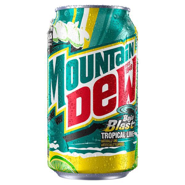 Mountain Dew 12oz Can - Baja Blast Tropical Lime with vibrant colors and condensation for a refreshing look