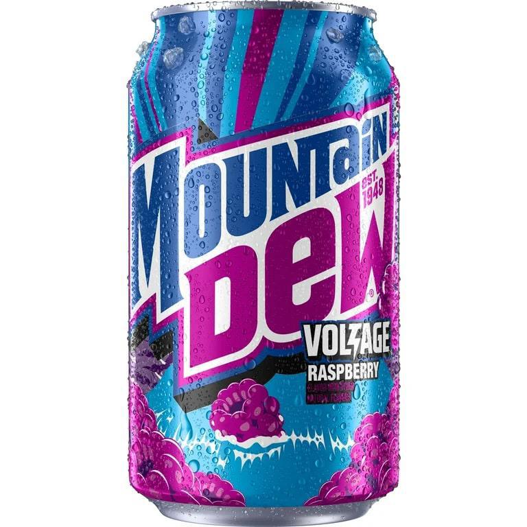 Mountain Dew 12oz Can - Voltage Raspberry with vibrant design and droplets for refreshment.