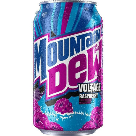 Mountain Dew 12oz Can - Voltage Raspberry with vibrant design and droplets for refreshment.