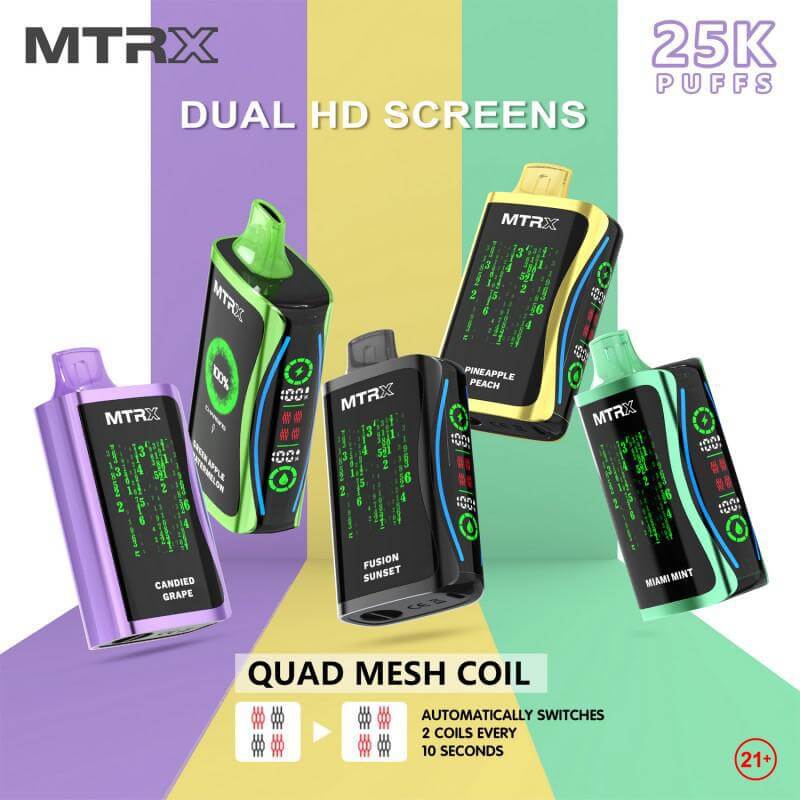 MTRX MX 25k Disposable Vape assortment showcasing dual HD screens and various flavors.