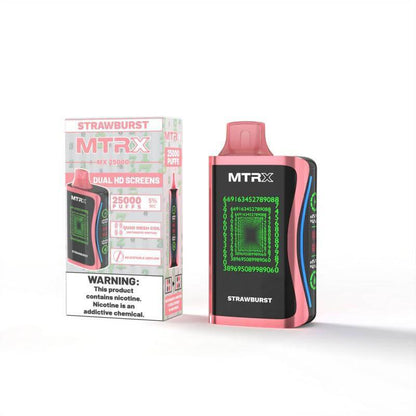 MTRX MX 25k Disposable Vape with Dual HD Screens and Strawberry flavor packaging.