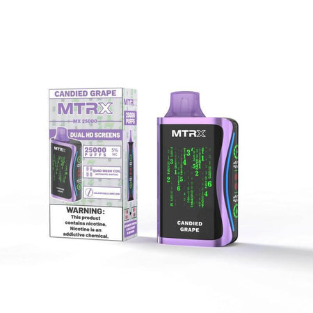MTRX MX 25k Disposable Vape in Candied Grape flavor with packaging and dual HD screens.