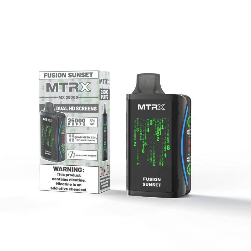MTRX MX 25k Disposable Vape featuring Fusion Sunset flavor and dual HD screens with 25000 puffs.