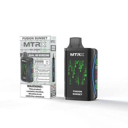 MTRX MX 25k Disposable Vape featuring Fusion Sunset flavor and dual HD screens with 25000 puffs.