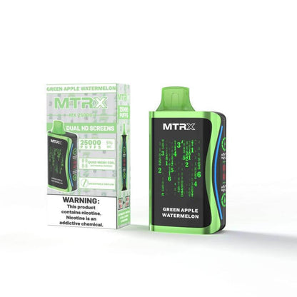 MTRX MX 25k Disposable Vape featuring dual HD screens, packed with green apple watermelon flavor.