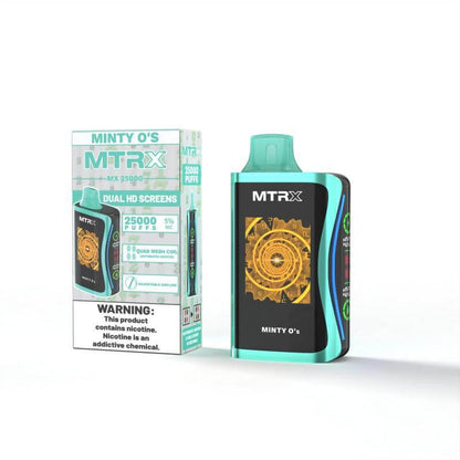 MTRX MX 25k Disposable Vape in Minty O's flavor, featuring dual HD screens and a vibrant design.