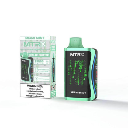 MTRX MX 25k Disposable Vape in Miami Mint flavor with packaging and dual HD screens, offering rich flavor and nicotine satisfaction.