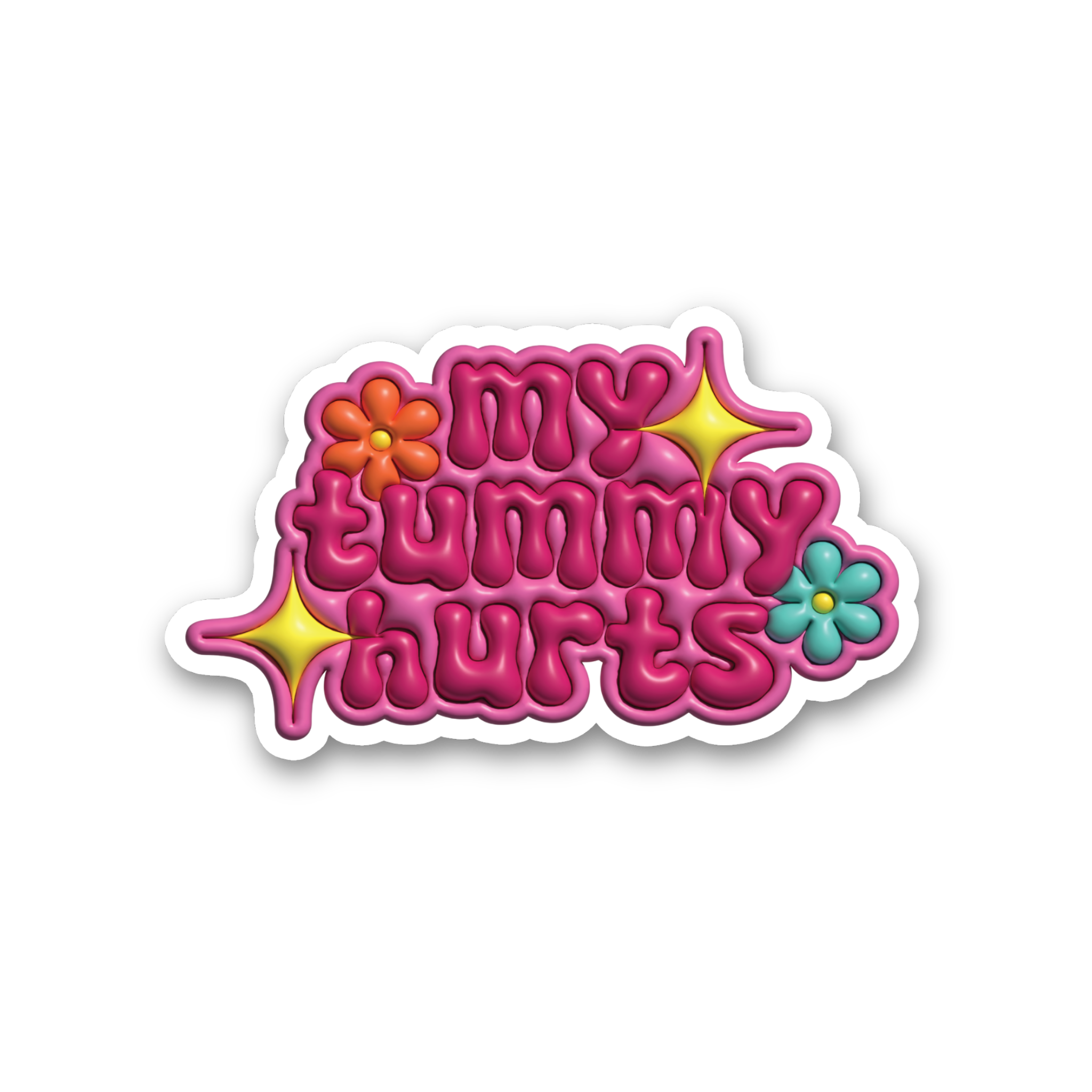 Colorful sticker design featuring the text 'My Tummy Hurts' with flowers, ideal for decorating personal items.