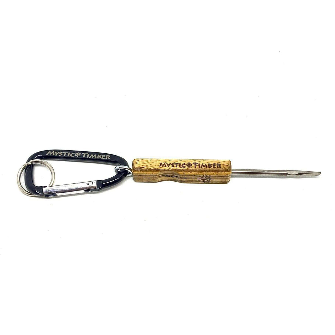 Mystic Timber Dab Tool - Key Chain Flat Shovel featuring a titanium tip and branded carabiner.