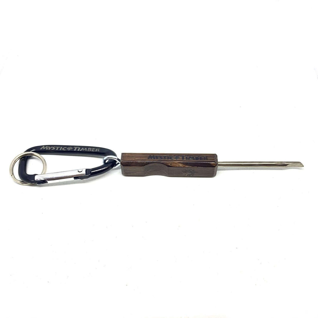 Mystic Timber Dab Tool - Key Chain Flat Shovel with titanium dabber tip and branded carabiner.