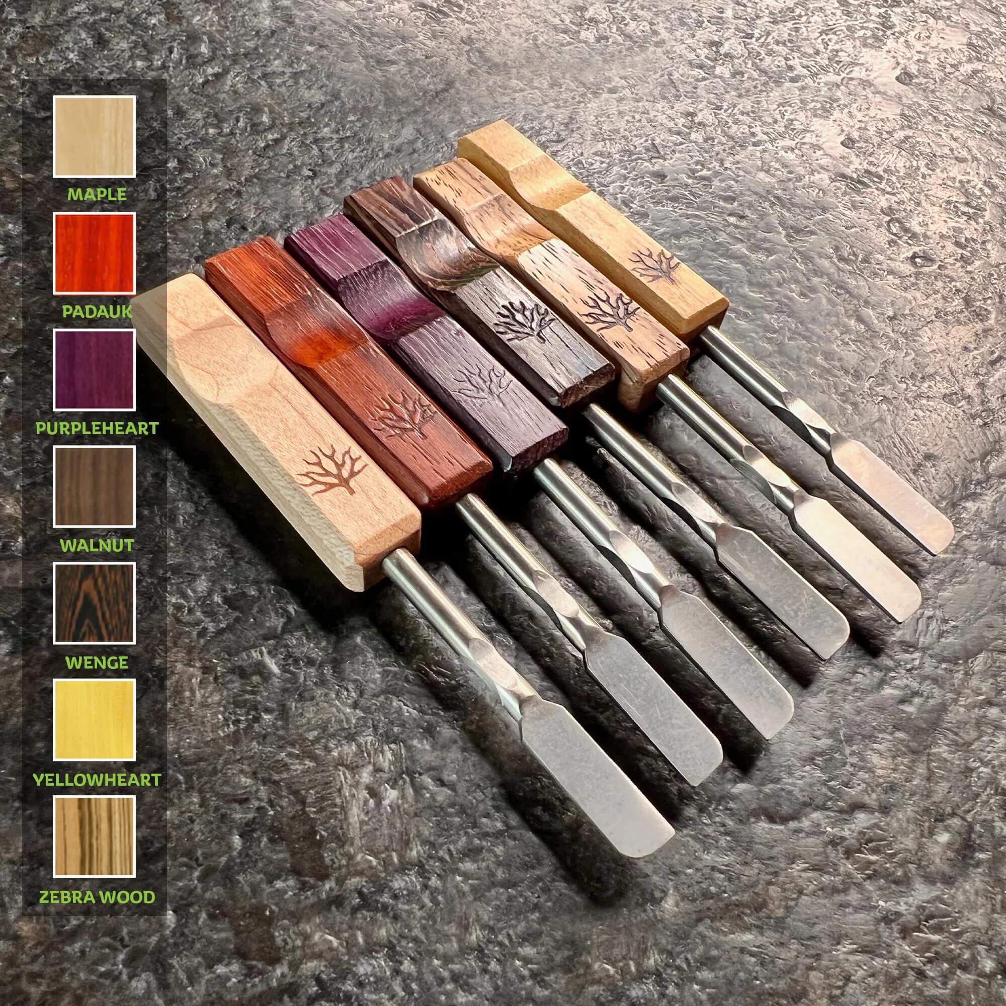 Mystic Timber Dab Tool - Pocket Blade collection of portable tools with various wooden handles and titanium tips.