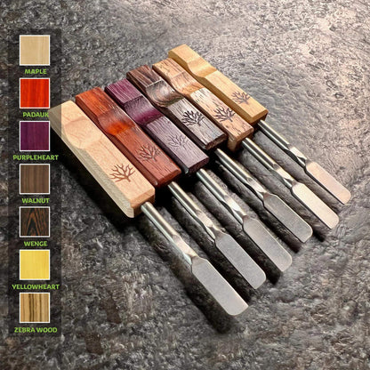 Mystic Timber Dab Tool - Pocket Blade collection of portable tools with various wooden handles and titanium tips.