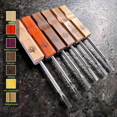 Mystic Timber Dab Tool - Pocket Flat Shovel set showcasing various hardwood handles and G2 titanium tips.