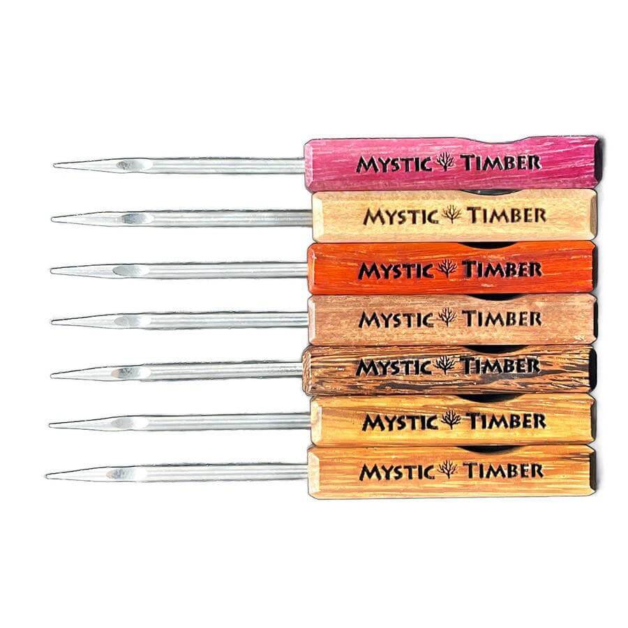 Mystic Timber Dab Tool - Key Chain Flat Shovel in various colors arranged in a row with stainless steel tips.