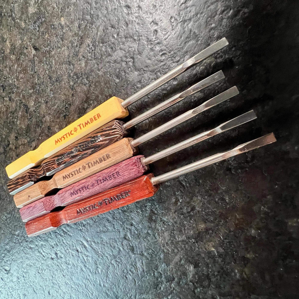 Mystic Timber Dab Tool - Long Handled Flat Shovel collection with colorful handles and stainless steel tips.