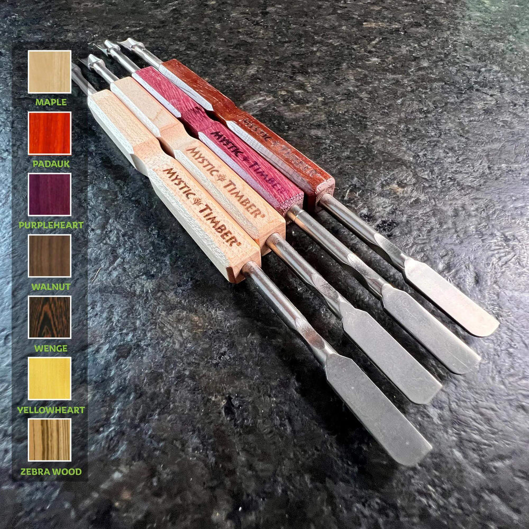Mystic Timber Dab Tool - Scoop & Shovel Double Dabber collection featuring various wood finishes.