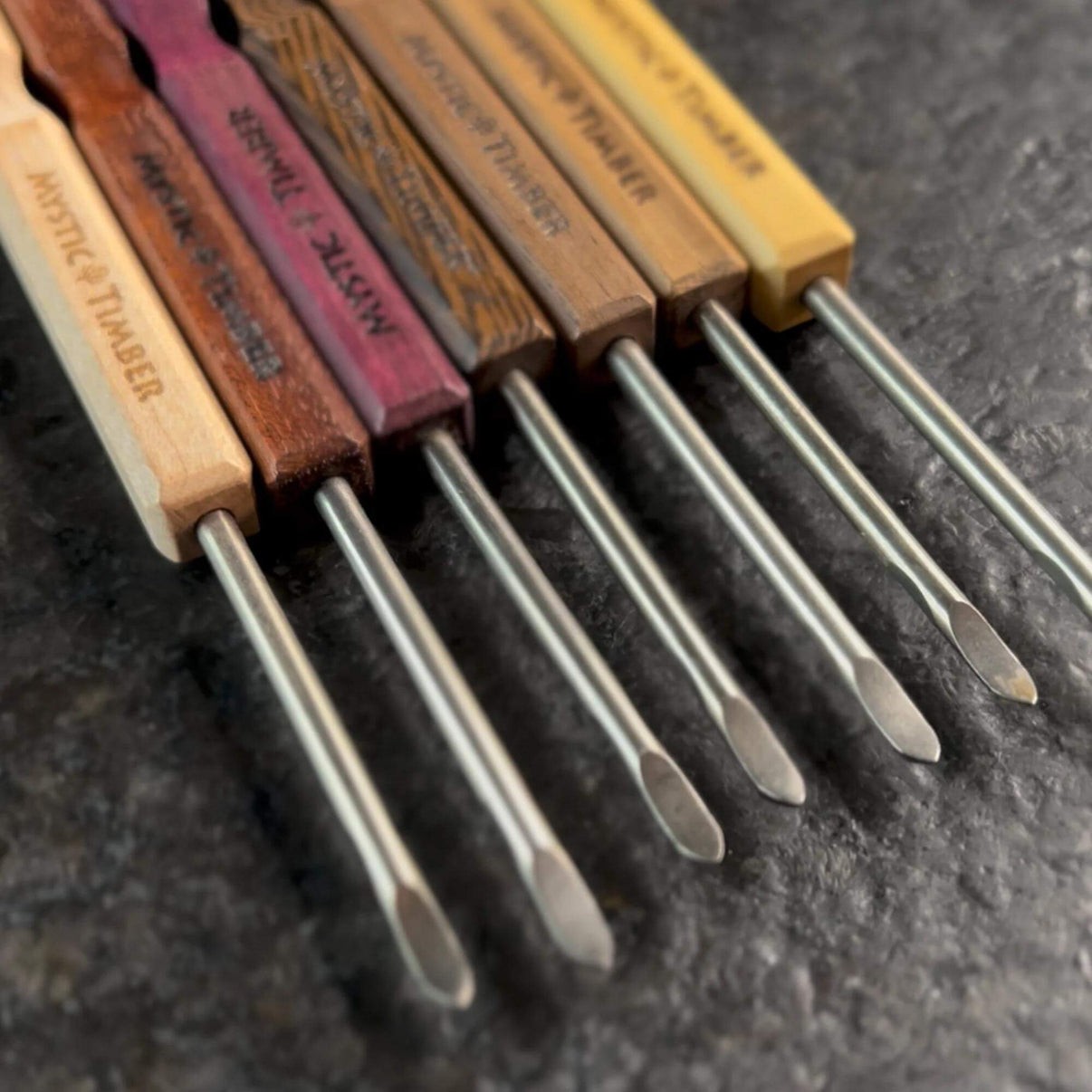 Mystic Timber Dab Tool - Long Handled Pick, featuring G2 titanium tips and premium hardwood handles.