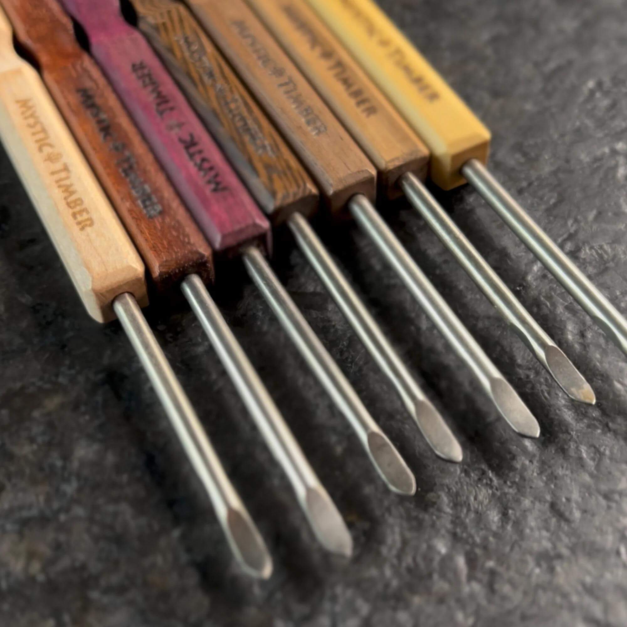 Mystic Timber Dab Tool - Long Handled Pick, featuring G2 titanium tips and premium hardwood handles.