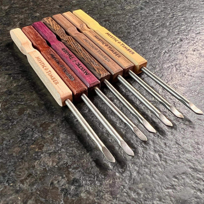 Mystic Timber Dab Tool - Long Handled Pick collection featuring various premium hardwood handles and G2 titanium tips.