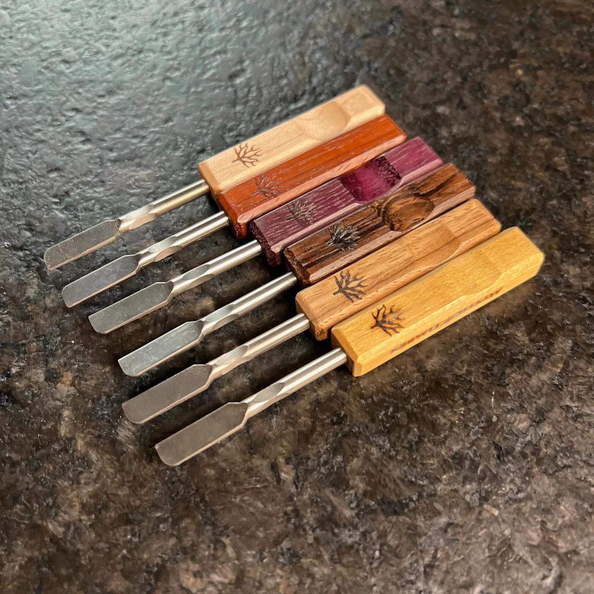 Mystic Timber Dab Tool - Pocket Blade variety set showcasing premium hardwood handles and titanium blades.